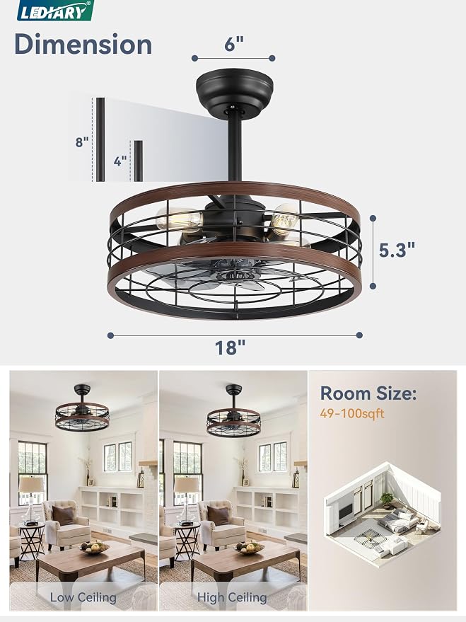 LEDIARY 18 inch Caged Fandelier Ceiling Fan Light with Remote, Walnut | 6 Speed Adjustable,Timing, Quiet & Powerful DC, Small, Farmhouse, Industrial, Enclosed, Bladeless, Bedroom, Kitchen, Downrod