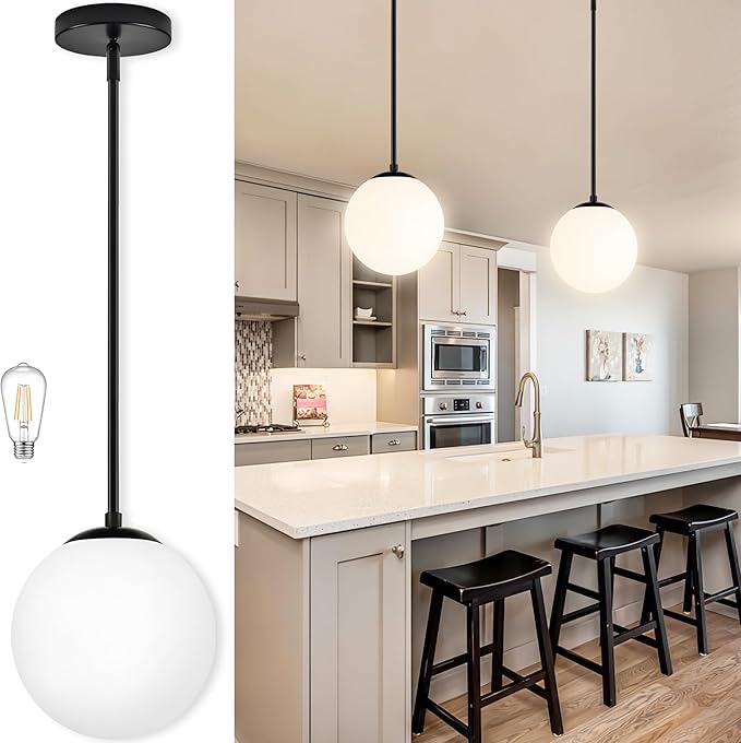 10 Inch Globe Pendant Light Contemporary Globe Pendant Lights Black Mid Century Pendant Light Adjustable Hanging Light Fixture Matte Black Finished with Milk Glass Lampshade for Kitchen Island
