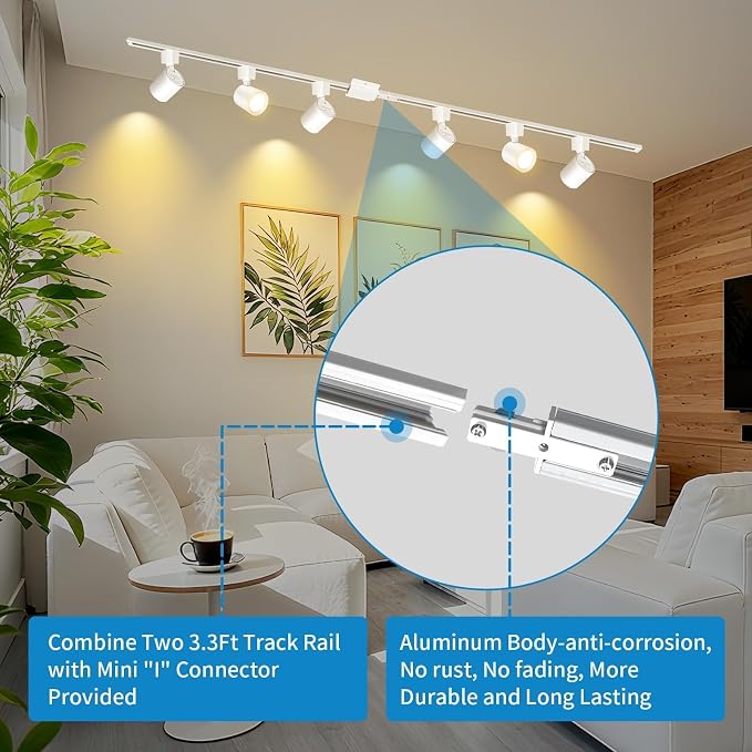 5-Color 6-Light LED Track Lighting Kit with 6.6FT H Type Track Lighting Rail, Dimmable Track Lights with Floating Canopy, Track Light Heads Ceiling Spotlight, CRI90+, 36° Beam 10W 800lm, White