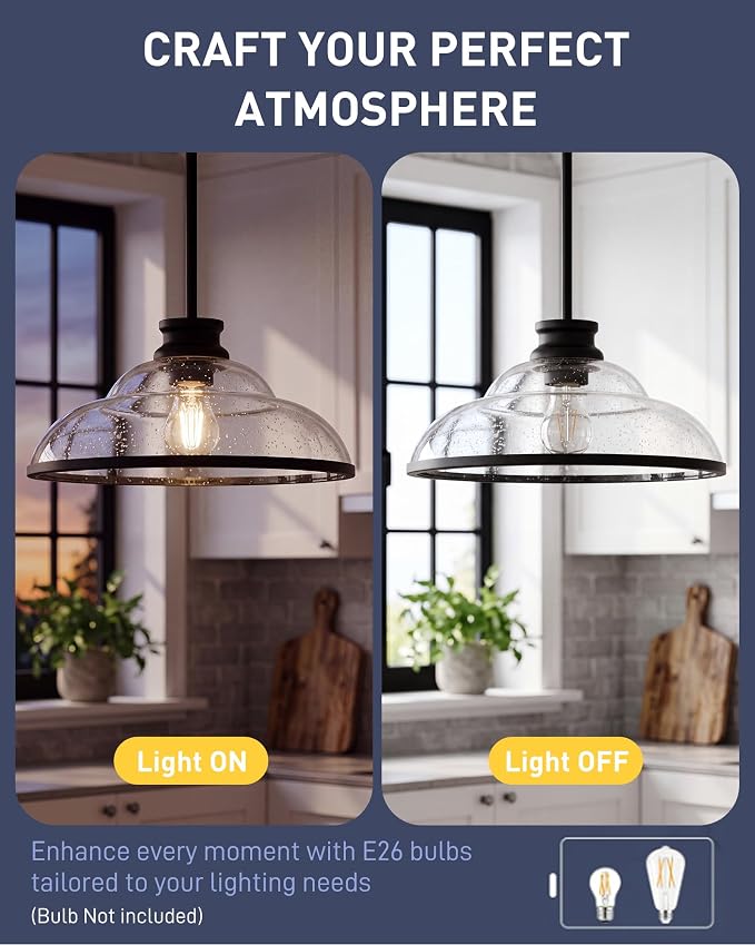 kudos 14" Black Seeded Glass Pendant Light Kitchen Island, KDPL14-BK-M | E26 Bulb Base, Hardwired, Farmhouse Styling, Adjustable Hanging Rods for Flat or Sloped Ceilings, for Kitchen Bars