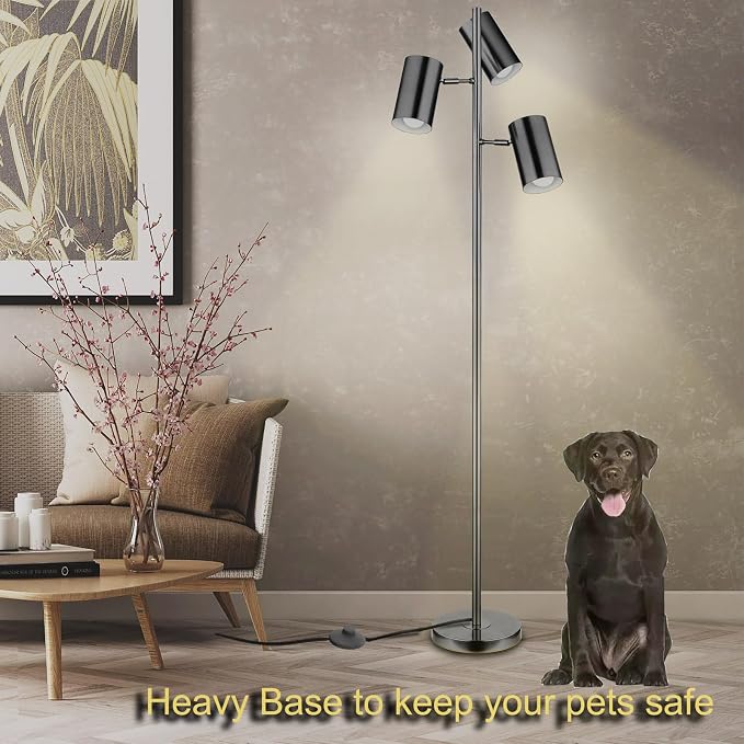 Tree Floor Lamp with 3 Light Bulbs,Black Standing Tall Pole Lamp with 3 Adjustable Rotating Lights,Farmhouse Floor Lamp for Living Room Bedroom Office,Vintage Standing Lamp 9W E26 LED Bulbs Included.