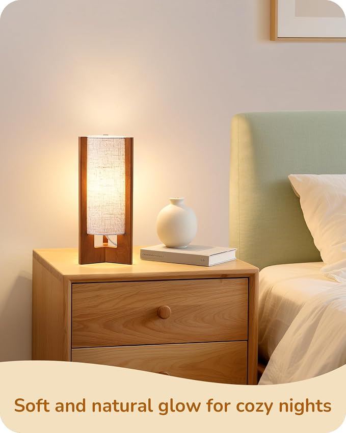 EDISHINE 13.5" Small Table Lamp, Walnut Wood Cylinder Nightstand Lamp, E26 | Beige Linen Shade, On-Off Line Switch, Three-Sided Base, Corner Modern Bedside Lamp for Living Room, Bedroom