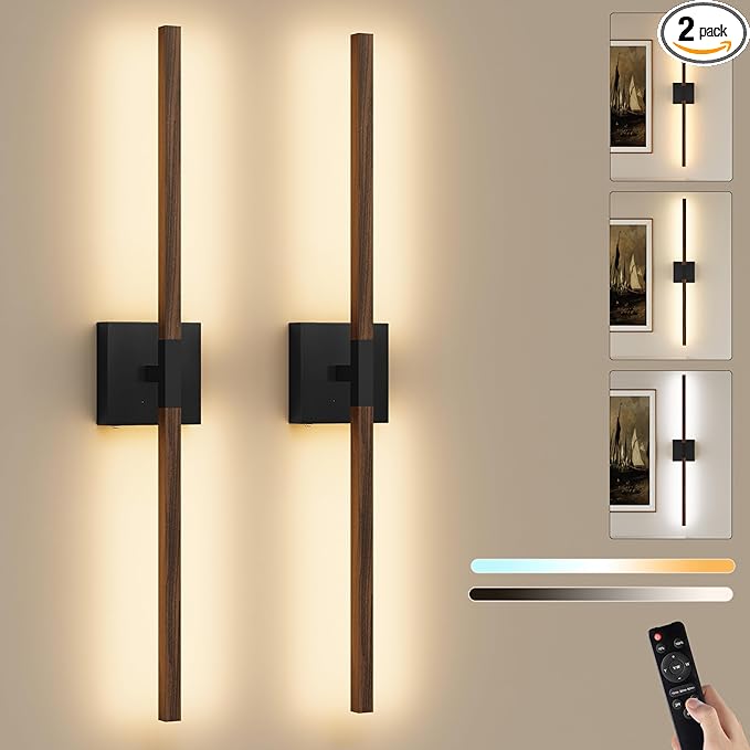 Rayogale Black Walnut Wireless Wall Sconces with Remote Control 36 Inch | 3000/4500/6000K Dimmable 8000mAh Rechargeable Battery Wall Sconces Set of Two with Timer for Living Room, Bedroom, TV