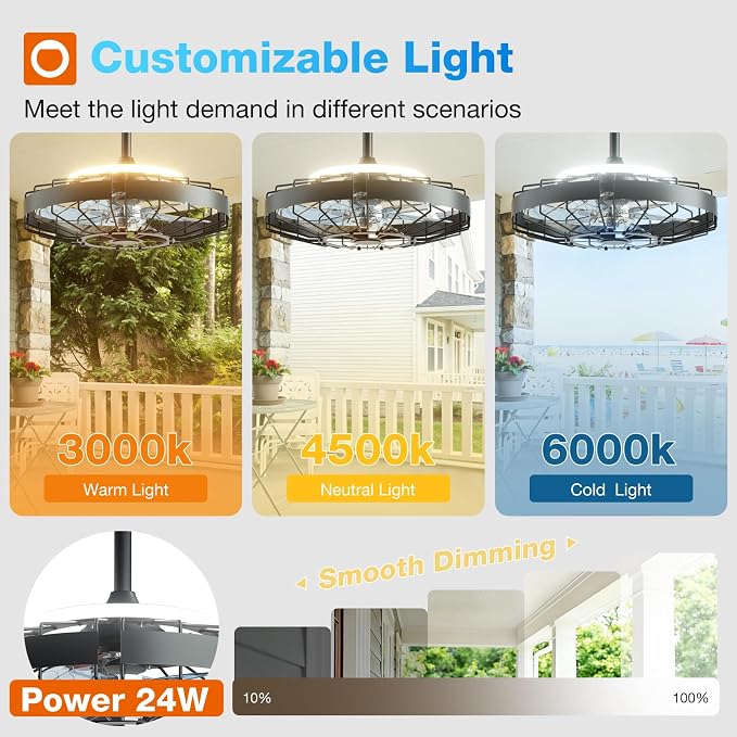 addlon 20" Outdoor Ceiling Fan with Light for Patio, IP65 Plug in Caged Fan | Waterproof, Hanging, Reversible DC Motor, 6 Speeds, Remote/APP Control, Quiet Operation, Timer, for Gazebo, Patio, Porch