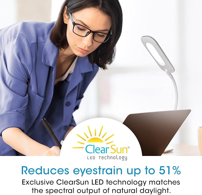 OttLite Soft Touch LED Clip Lamp, 3 Brightness Settings, White | ClearSun LEDs Reduce Eyestrain | Sturdy Spring-Loaded Clip | Flexible Neck | Touch-Activated Controls