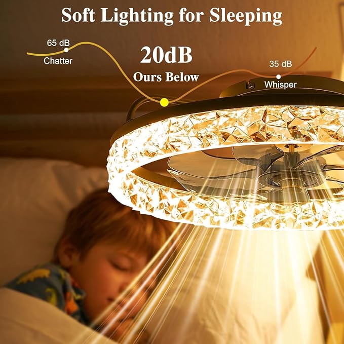 Ceiling Fans with Lights and Remote Fandelier - Low Profile Modern - 20'' Flush Mount Ceiling Fans for Bedroom,Stepless Color Temperature and 6 Speeds- Black and Crystal