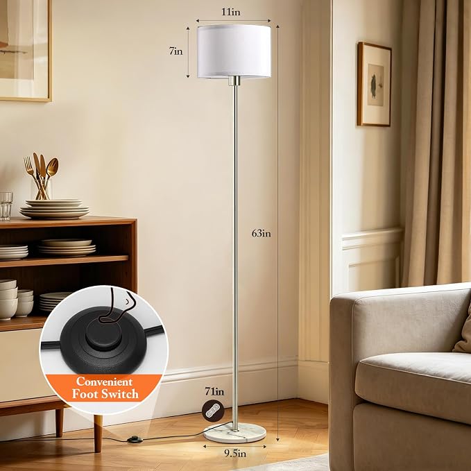 63" Silver Floor Lamps for Living Room, Standing Lamp with Marble Base | Tall Pole Light with White Linen Shade, Modern Floor Lamp for Bedroom Reading Office Corner Nursery, Bulb Included