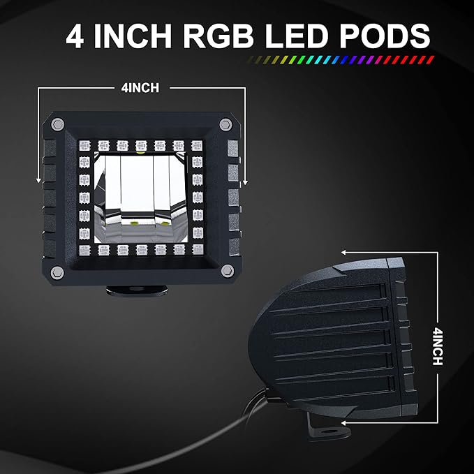 Lpteso RGBW Curved LED Light Bar 50Inch 288W Flood Spot Combo Beam 2PCS 4 Inch 18W Flood RGB LED Pods with 16 Solid Colors Chasing RGB Halo Ring Changing with Strobe Flashing with Rocker Switch Wiring