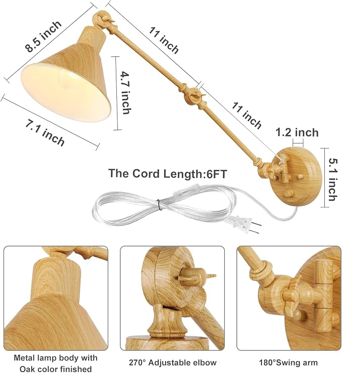 TRLIFE Wall Sconce Plug in, Dimmable Wall Sconce with Switch Swing Arm Wall Lights Plug in Wall Light Wall Sconces Lighting with 6FT Plug in Cord, E26 Base(1 Pack, Oak Color)