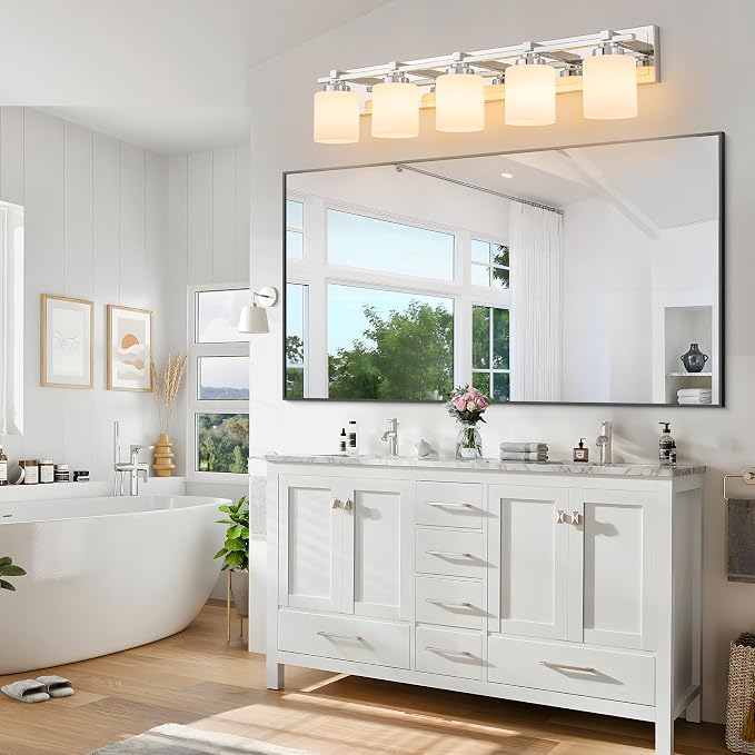 Modern Bathroom Light Fixtures Over Mirror, Vanity Lights for Bathroom Wall Sconces with Milky White Glass Shades, E26 Socket (Bulbs Not Included), 5 Light, Chrome