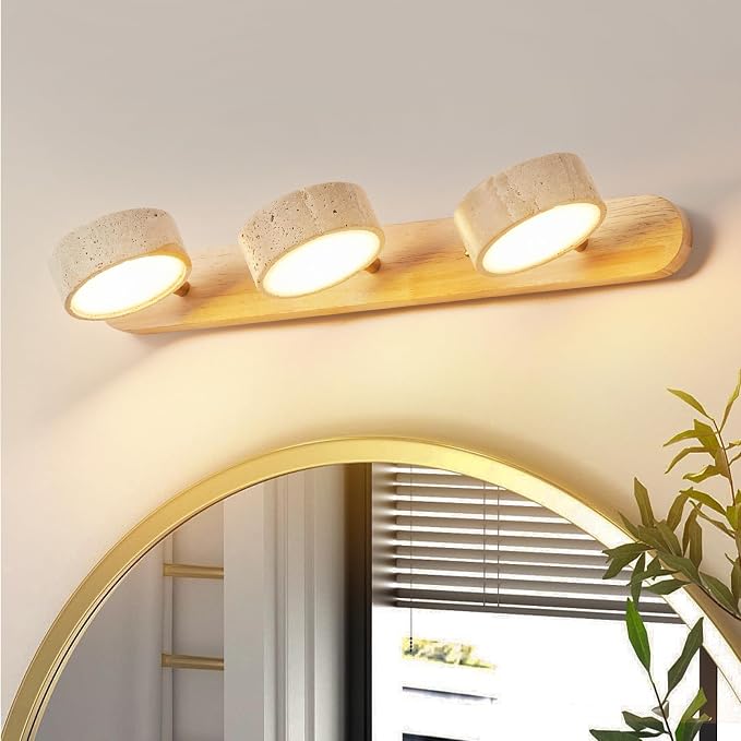 Natural Wood Bathroom Vanity Light with with 3 Travertine Stone Shades, 19.68in LED Bathroom Light with Solid Wood Base, Modern Rustic Vanity Light Fixture for Bathroom Light Over Mirror, Hallway
