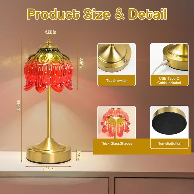 Cordless Table Lamp, Rechargeable Strawberry Glass Flower Lamp | 5200mAh touch lamp with 3 color modes and stepless dimming, battery operated lamp for nightstands and kitchen counters