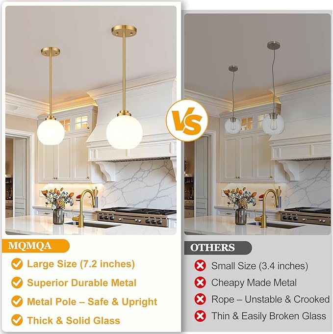 1 Pack 7.2-Inch Globe Pendant Lights, Mid Century Gold Pendant Light Fixtures, Globe Pendant Lights Kitchen Island with Milk Glass Shade Adjustable Hanging Fixture for Dining Room (Bulbs not Included)