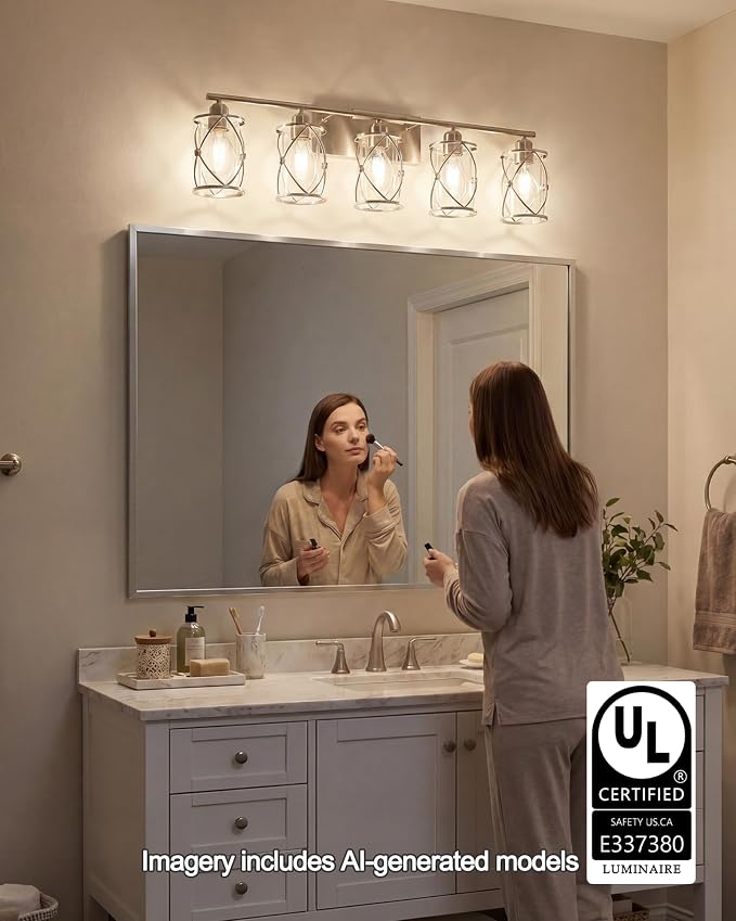 5-Light Brushed Nickel Bathroom Light Fixtures Over Mirror, 38" UL-Listed Modern Wall Sconce Lights with Clear Glass and Metal Cage for Bath, Hardwire E26, CH9176BN-5W