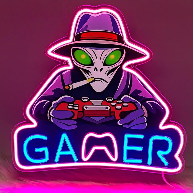 Alien Neon Signs for Gamer Room Wall Decor, Gamer Neon LED Signs Light for Man Cave, UV Printed Gaming LED Light for Bar Party Birthday Christmas Gift (Alien Gamer)