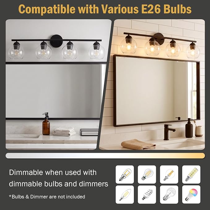 4 Light Bathroom Vanity Light, Black Vanity Light with Globe Glass Shades, Farmhouse Bathroom Light Fixtures Over Mirror, Modern Wall Light Fixture for Bedroom Hallway, E26 Socket