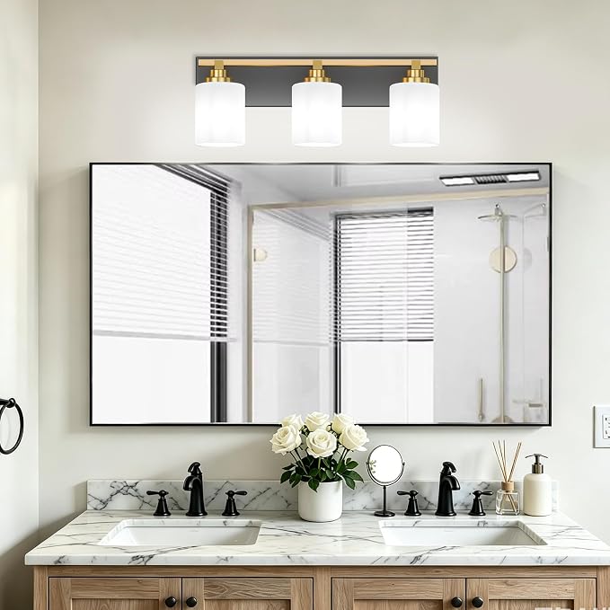 Black and Gold Bathroom Light Fixture, Modern 3 Light Vanity Lights for Bathroom Lighting Fixtures Over Mirror, White Glass Lampshade, Master & Guest bathrooms Bathroom Remodel, 20-inch