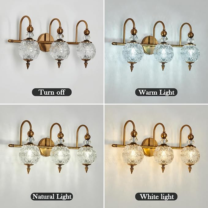 Piepooye Vintage Bathroom Lights Fixtures Gold Vanity Light with Glass Globe LampShade 3 Light Mid Century G9 Bulb Wall Sconce Indoor Vanity Light Over Mirror for Kitchen Bedroom Farmhouse Living Room