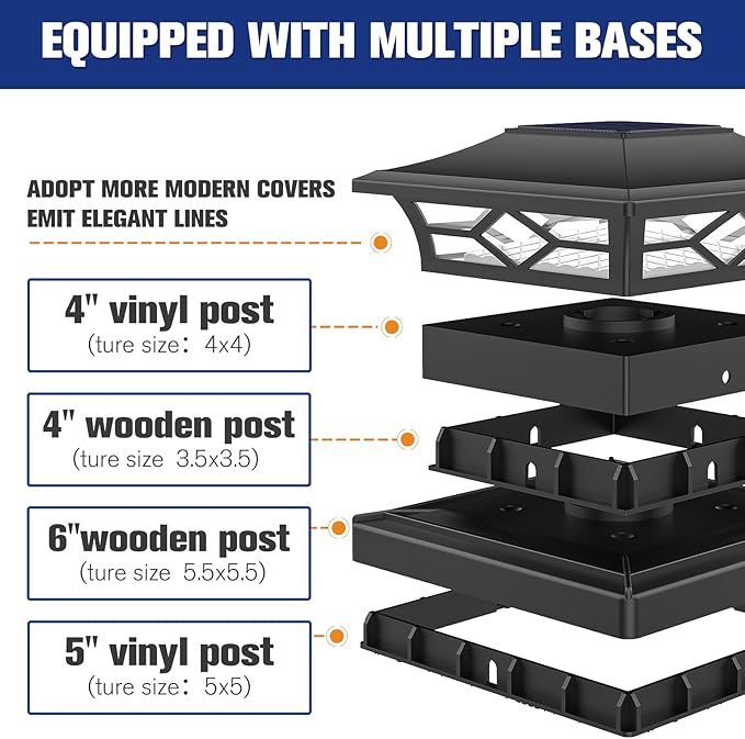 VOLISUN Solar Post Cap Lights: 6 - Pack Outdoor Deck Post Cap Lights Black for Dock Fence Waterproof 2 Color Modes,4x4/6x6 Wooden/Vinyl Posts