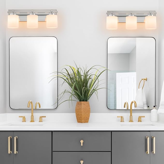 Modern Bathroom Light Fixtures Over Mirror, Vanity Lights for Bathroom Wall Sconces with Milky White Glass Shades, E26 Socket (Bulbs Not Included), 3 Light, Chrome