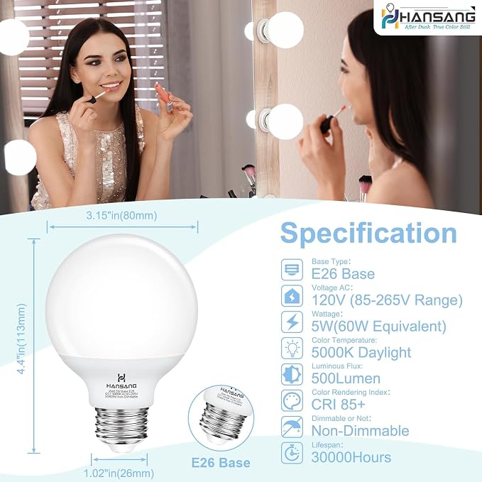 20 Pack Bathroom Light Bulbs 60W Equivalent 5000K Daylight E26 Globe Bulbs | G25 LED Vanity Light Bulbs Over Mirror, CRI85+ Eye-Friendly, Round Bulb for Makeup Mirror, 120V, 5W, 500LM, Non-Dimmable