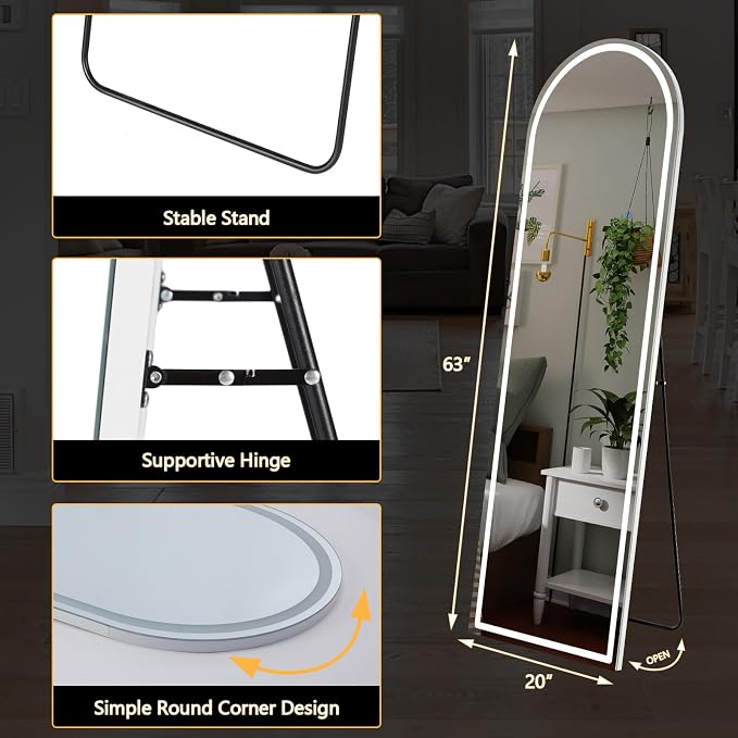 DUMOS Arched LED Mirror Full Length Standing, 63"x20" Full Body Wall Mirror | LED Lights 3 Color Lighting and Shatterproof Tempered Glass, Wall Hanging or Leaning, Floor Standing, Modern Home Decor