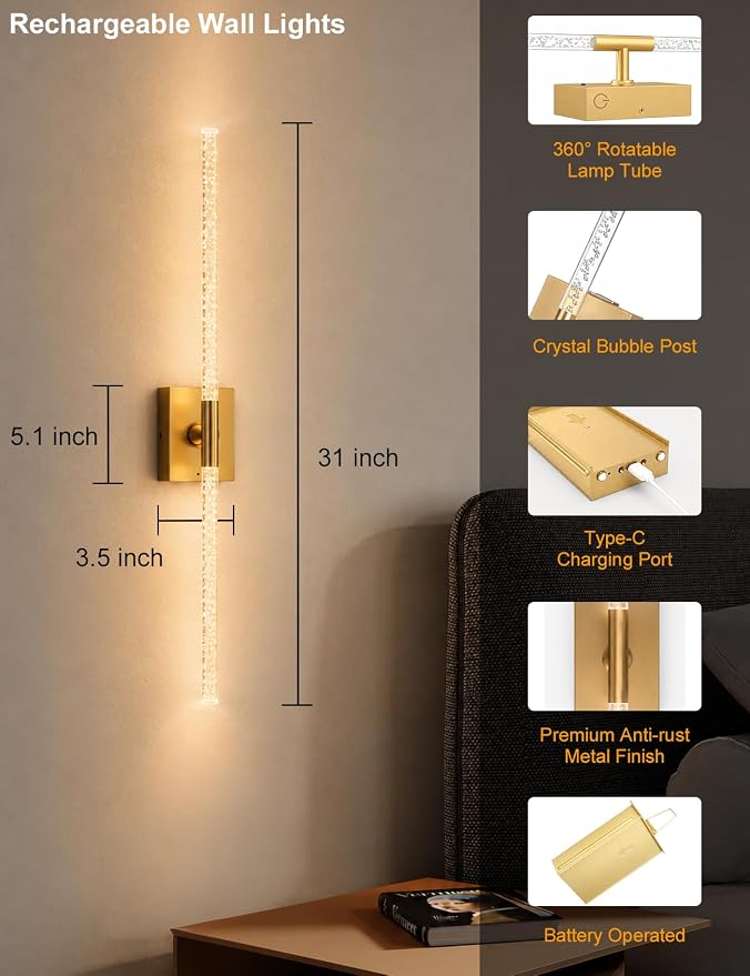 Rechargeable Wall Sconces Set of 2, Gold Crystal Bubble Wireless Wall Light | 10000mAh, Remote Control, 3000K-6000K Dimmable, 360° Adjustable, Ambient Lighting for Living Room, Bedroom, Picture, Bathroom