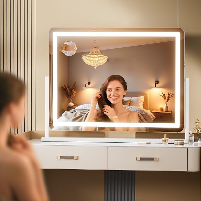 Hasipu Vanity Mirror with Lights, 34.3" x 25.2" LED Makeup Mirror, Light up Mirror with 10X Magnification and Phone Holder, USB Charging Port, Smart Touch 3 Colors Dimmable (White)