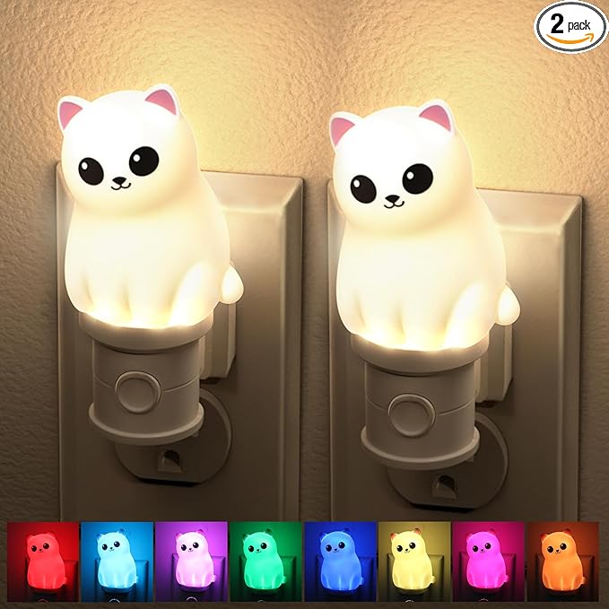 KINDEEP Kids Night Lights for Bedroom: RGB & Soft White with Dusk to Dawn Sensor, Detachable Cute Animal Night Light for Baby Nursery, Kids Room Decor 2 Pack (Two White Persian Cats)