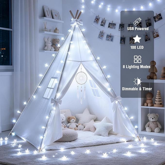 JMEXSUSS 100 LED Star String Lights USB Plug in, 33Ft White | Star Fairy Lights with Remote, Waterproof Hanging String Lights Indoor for Bedroom Classroom Tent Loft Bed Dorm Decor