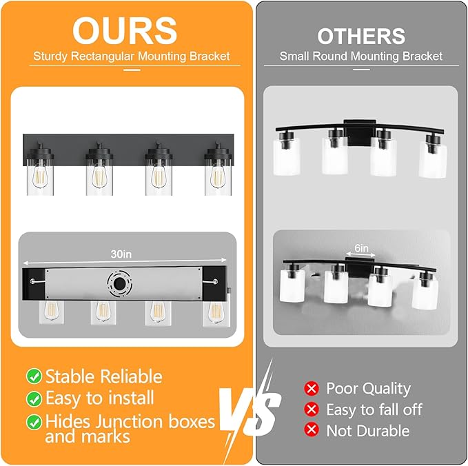 IZORRO Bathroom Vanity Light Fixture, 4-Light 30 Inch Matte Black Bathroom Light Fixtures Over Mirror, with Clear Glass Shade, Modern Farmhouse Vanity Lights, Rustic Restroom Lighting Fixtures