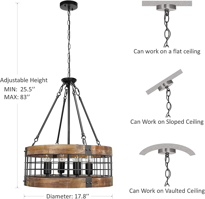 Farmhouse Rustic Chandelier Light Fixture, 4-Light Round Hanging Pendant Lighting for Dining Room Entryway Kitchen Island Foyer Breakfast Area, Black Wood and Black Metal Finish