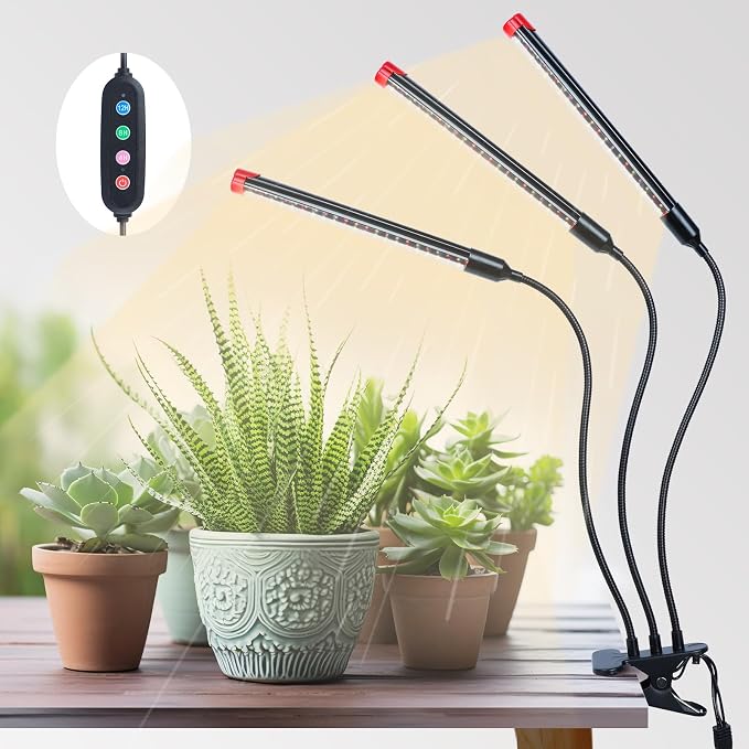 3Head Clip Grow Light, 27 Watt Brightest Full Spectrum Grow Lights for Indoor Plants, Seed Starting, Bonsai, Pot Plants, Seedlings, 5-Mode Timer 4/8/12/16/20H, NO Need Adapter