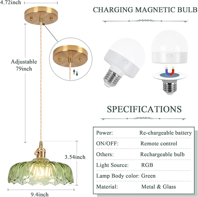Battery Operated Pendant Light,Vintage Light Fixtures RGB Light Bulb 2500mAh 9.4in Green Modern Chandelier with Remote Control Wireless Adjustable Rechargeable Chandelier for Kitchen Island 1Light