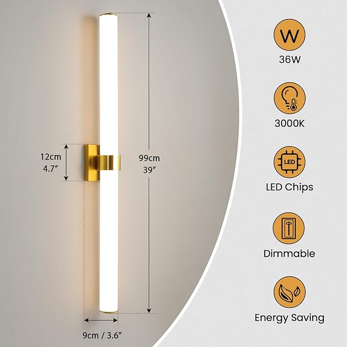 Bathroom Light Fixtures - 39 Inch Gold Bathroom Lights Over Mirror LED Vanity Light with Acrylic Shade, 36W Modern Vanity Lighting Fixtures for Mirror Living Room Gallery 3000K
