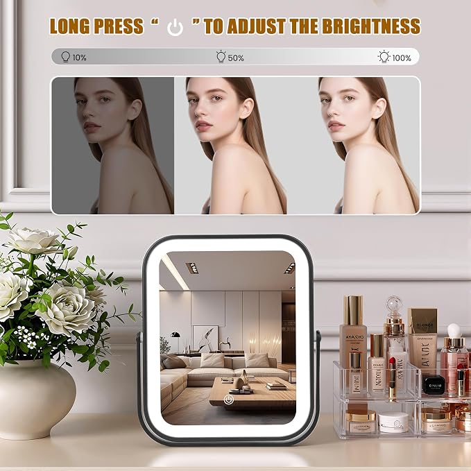 Rechargeable Vanity Mirror with Lights, 10"×8" Makeup Mirror with Lights, 1500mAH Battery, Smart Touch with 3-Color Lighting, Dimmable, HD Desk Mirror, Travel Essentials, Women Gift (Black)