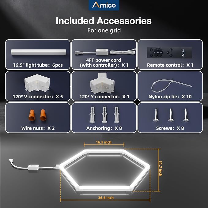 Amico Hexagon Garage Lights Dimmable & Tunable, 1 Hex Grid, Remote & Timer | 10-100% Stepless Dimming, 3500K-6500K Adjustable, 48W 6000LM Honeycomb LED Ceiling Lights for Garage Workshop Car Detailing
