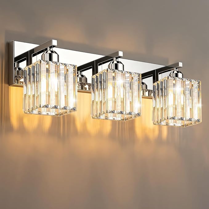 Brushed Chrome Crystal Bathroom Vanity Light, 3-Light Modern Bathroom Lighting Fixtures Over Mirror,Chrome Wall Sconce Light Fixtures with Square Shade