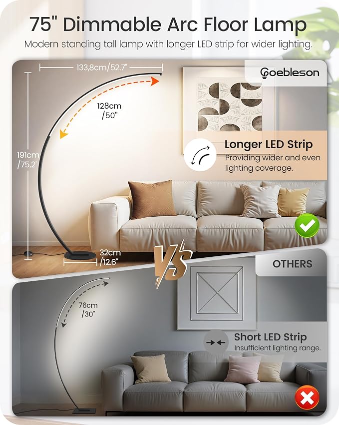 75 inch Dimmable LED Arc Floor Lamp for Living Room with Foot and Remote Control, 3 Color Temperatures, 3000K-6000K Whites, LED Corner Lamp, Modern Standing Tall Lamp for Bedroom B62LD05
