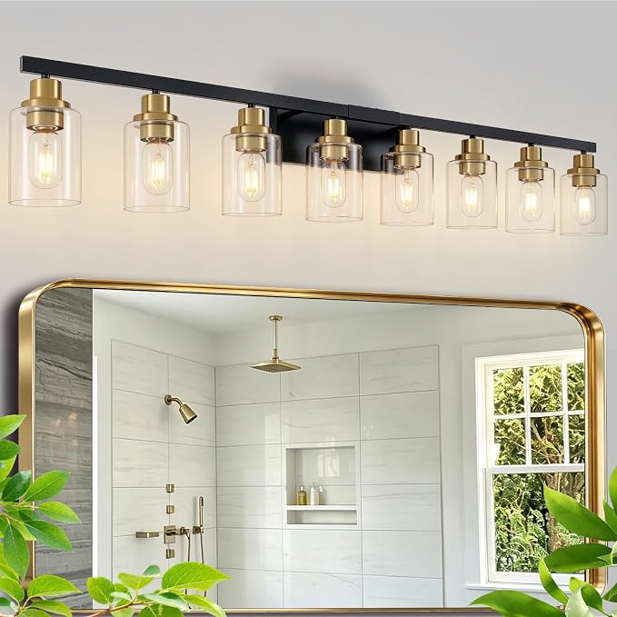 8-Light Bathroom Light Fixture Black and Gold Vanity Lights,52" | Vanity Lights for Bathroom,Clear Glass Shade,over Mirror,Modern Wall Sconces Farmhous Wall Mounted for Bathroom,E26 Base