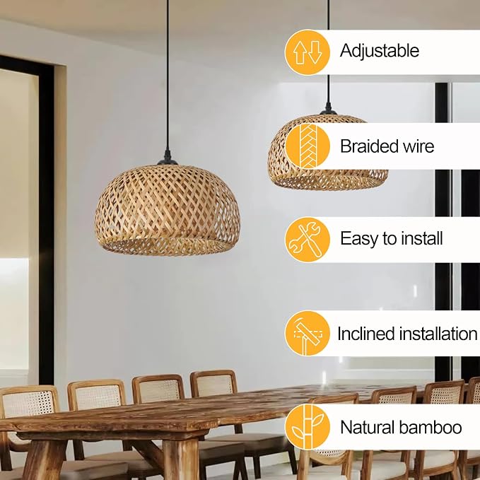 Bamboo Pendant Light,Set of 2 Boho Round Basket Chandelier Handmade Woven Pendant Light, Natural Bamboo Rattan Hanging Chandelier for Kitchen Island Dining Room Living Room Porch