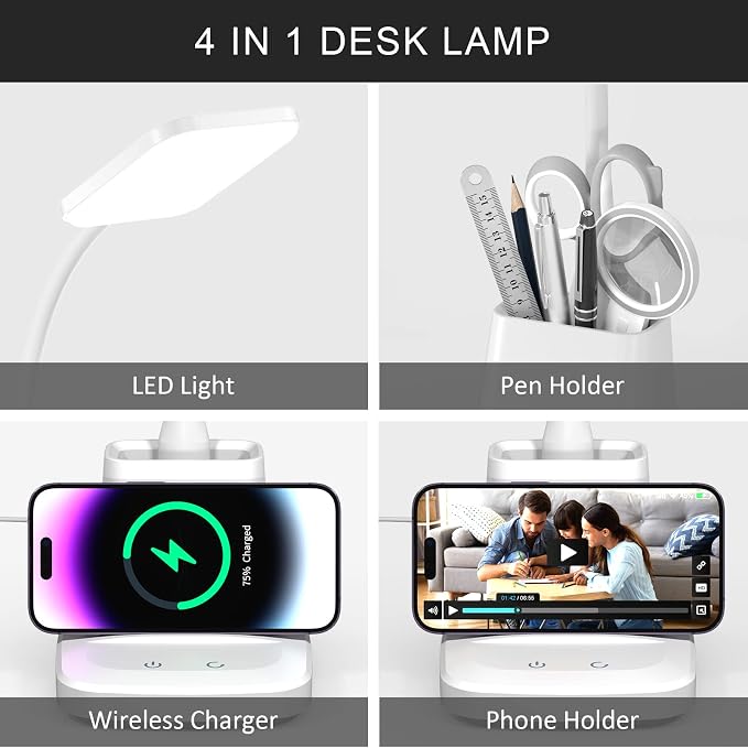LED Desk Lamp with Wireless Charger for Home Office, White | 3 Color Modes Dimmable Eye-Caring Study Desk Light for College Dorm, 360° Flexible Arm, with Pen Holder, 800 Lumen, Square