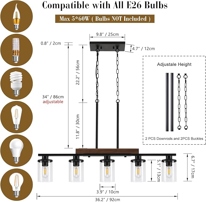 36.2‘’ Kitchen Lighting, 5-Light Dining Room Light Fixture Chandelier Over Table, Black Modern Rustic Wood Ceiling Pendant Light Fixtures, with Clear Glass Shade, Farmhouse Chandelier | 5-Light, Modern Rustic Wood Frame, Adjustable Height, Clear Glass ...