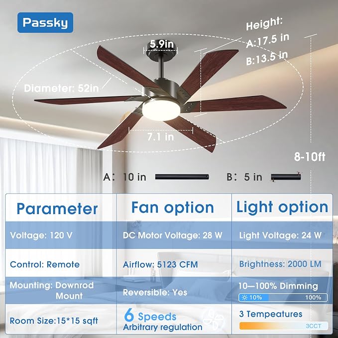 Passky 52 Inch Black Contemporary Ceiling Fans with Lights, Remote Control | 3CCT dimmable light, quiet DC motor, reversible airflow; black contemporary style for bedroom and living room