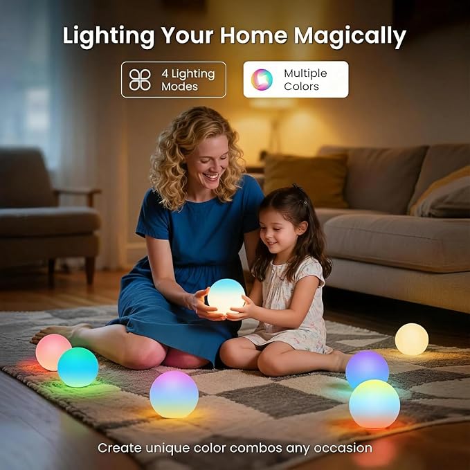 LOFTEK 3-inch Smart Sphere Night Light, Rechargeable LED Ball Lights, 16 RGB Color Change Mood Lighting, Waterproof Ambient Light for Home Bedroom Patio Pool Bathtub Decorative Lighting, 4 Pack