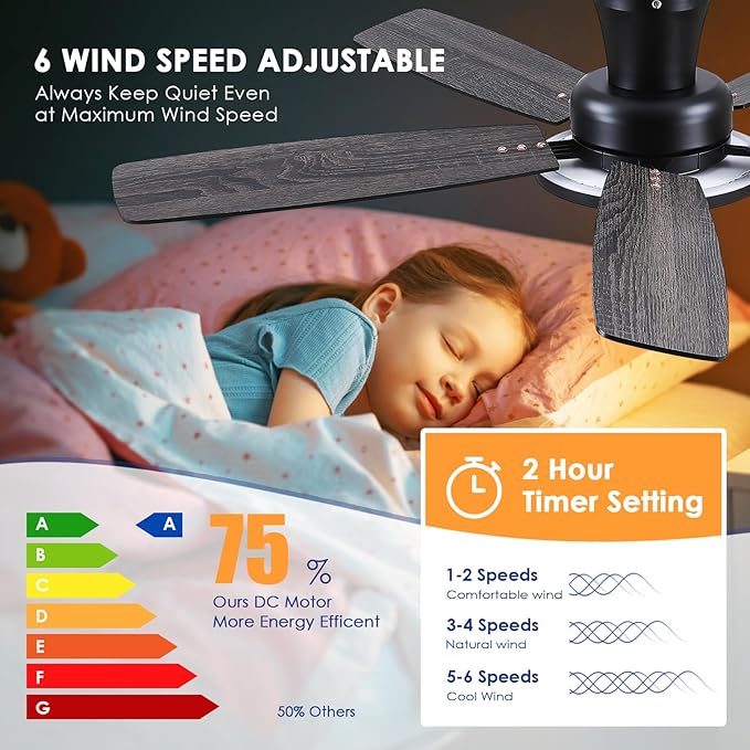 Flush Mount Ceiling Fan with RGB Light - 52In Black Ceiling Fan Light with Reversible Mute Motor, LED 3CCT Dimmable, Low Profile Modern Ceiling Fans for Indoor, Party, Covered Outdoor