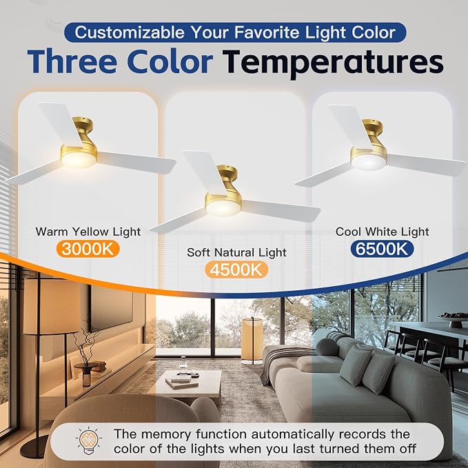 42 Inch Ceiling Fans with Lights And Remote, 3CCT/Flush Moun/6 Speed/Golden | Flush Mount Low Profile Ceiling Fan, 6 Speed Noiseless LED Ceiling Fan, White And Gold Ceiling Fan for Bedroom Living Room