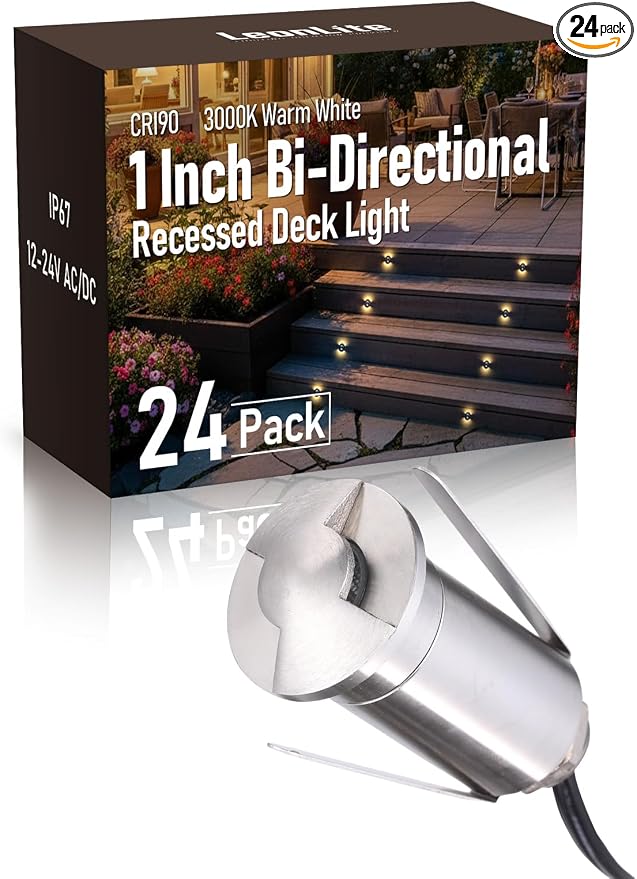 LEONLITE 24-Pack 3000K Recessed Low Voltage LED Deck Light, Dual Beam | 1.3 Inch Mini Flush Mount, 12-24V AC/DC, 1W, 102° Butterfly Glow, IP67, Stainless Steel, for Pathway Step Deck Driveway