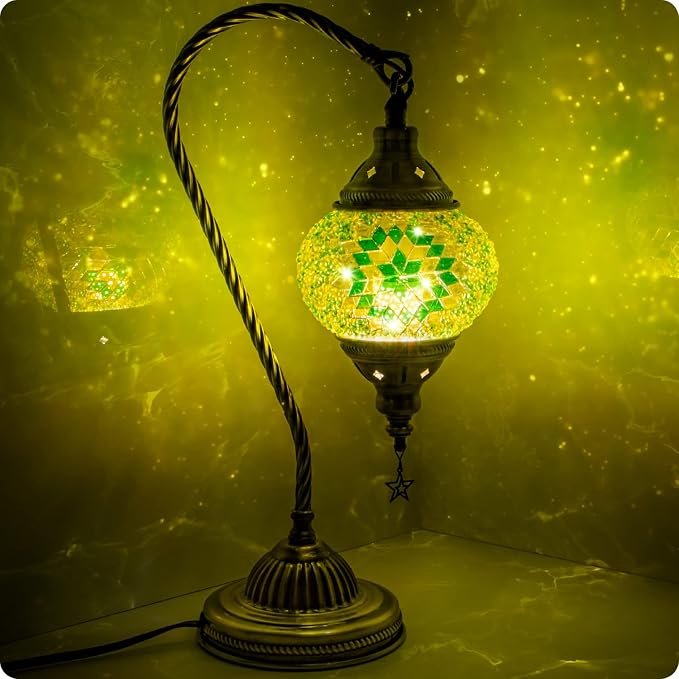 Yarra-Decor Turkish Moroccan Lamp with Bronze Base 3 Color Options Handmade Swan Neck Mosaic Glass Bedside Lamps for Bedroom (LED Bulb Included)(Green2)