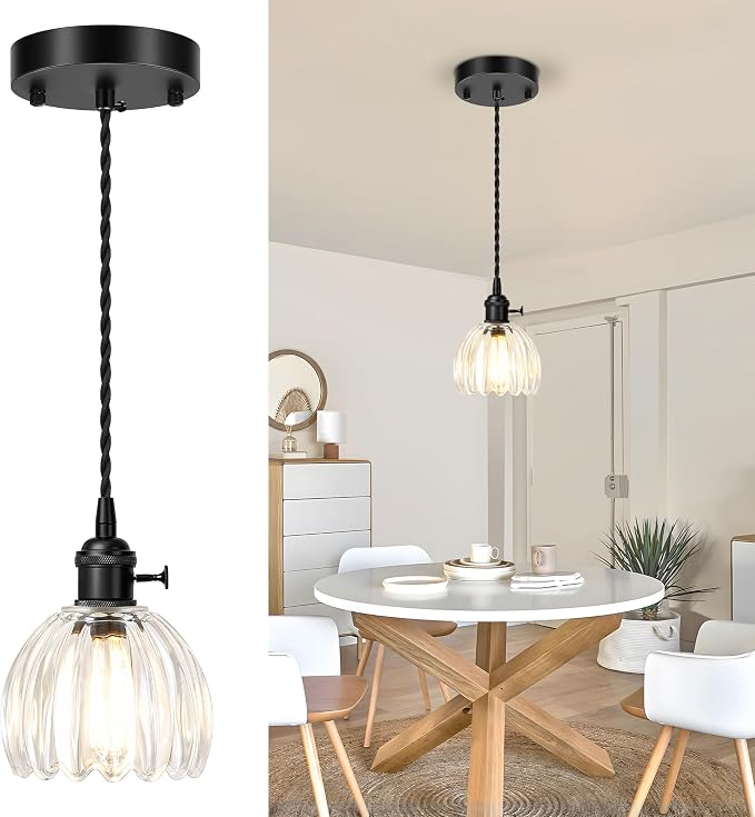 1-Pack Black Pendant Light, Modern Pendant Lights Kitchen Island with Clear Tulip Glass Shade, Mini Adjustable Hanging Light Fixtures, Kitchen Pendant Lighting for Dining Room Hallway Bedroom